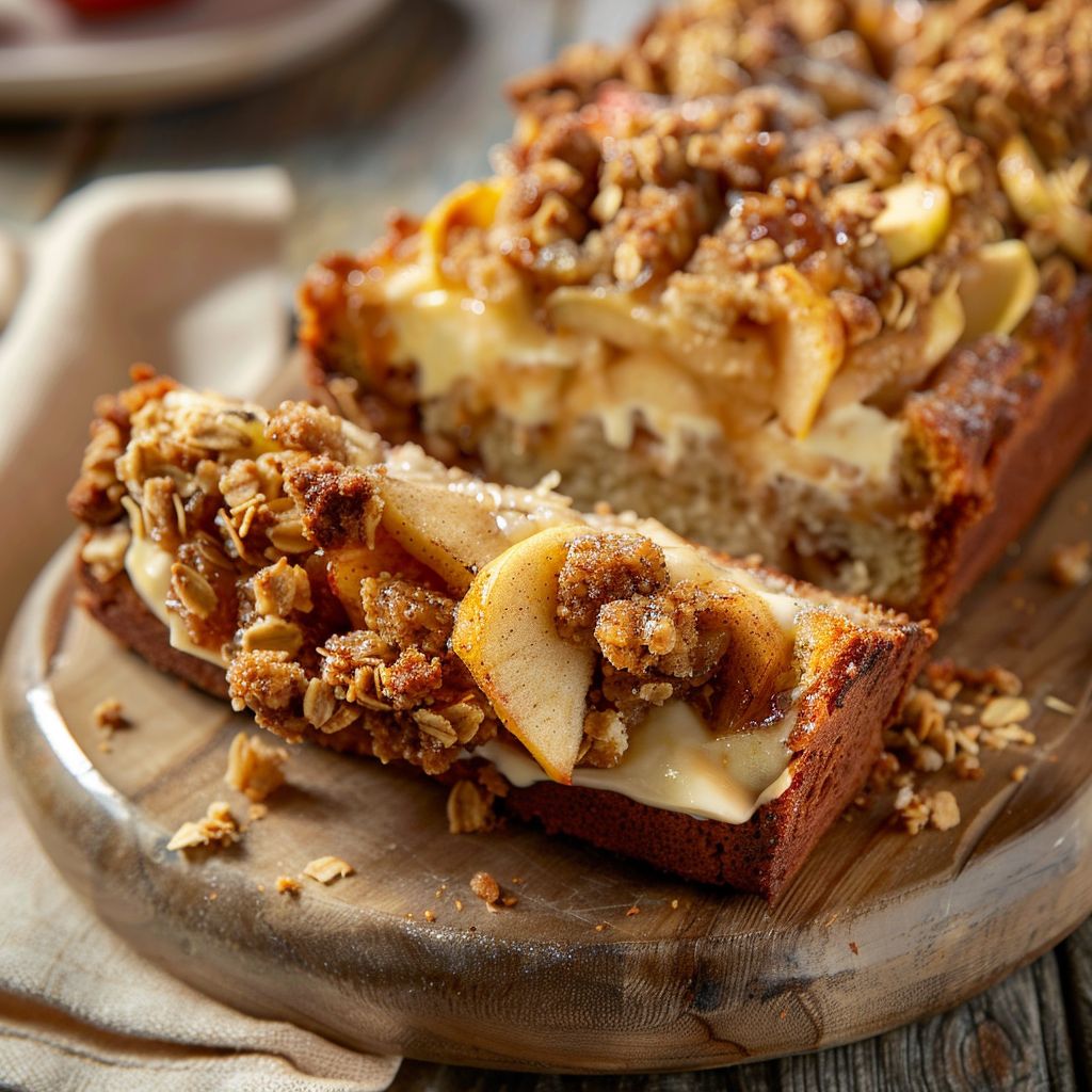 Sliced Apple Crisp Cheesecake Bread on a wooden board, showcasing layers of cheesecake filling and apple topping.