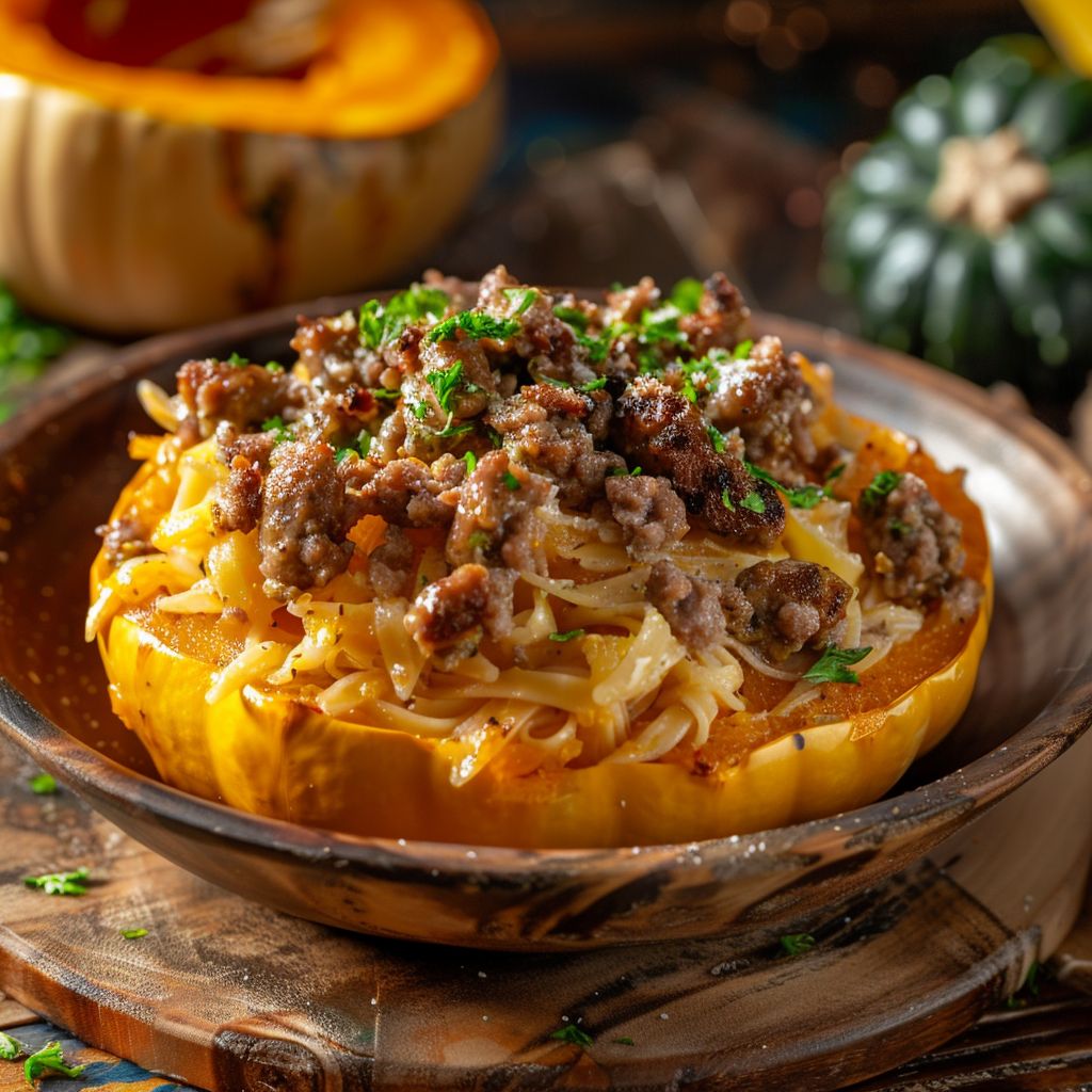 A close-up view of a warm bowl of Autumn Sausage Pasta made with squash, topped with herbs.