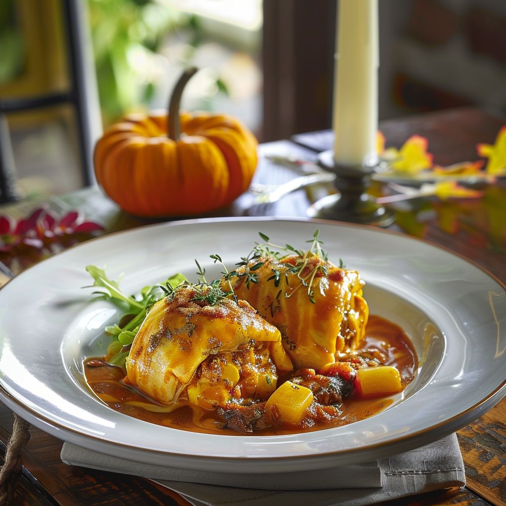 A beautifully arranged table featuring several fall dinner dishes, surrounded by autumn decor.