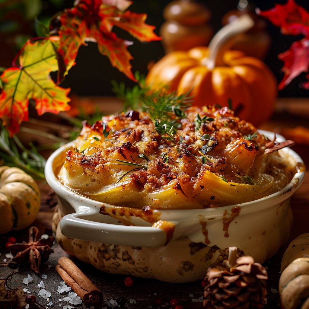 A beautifully arranged table featuring various cozy fall dinner dishes with warm colors.