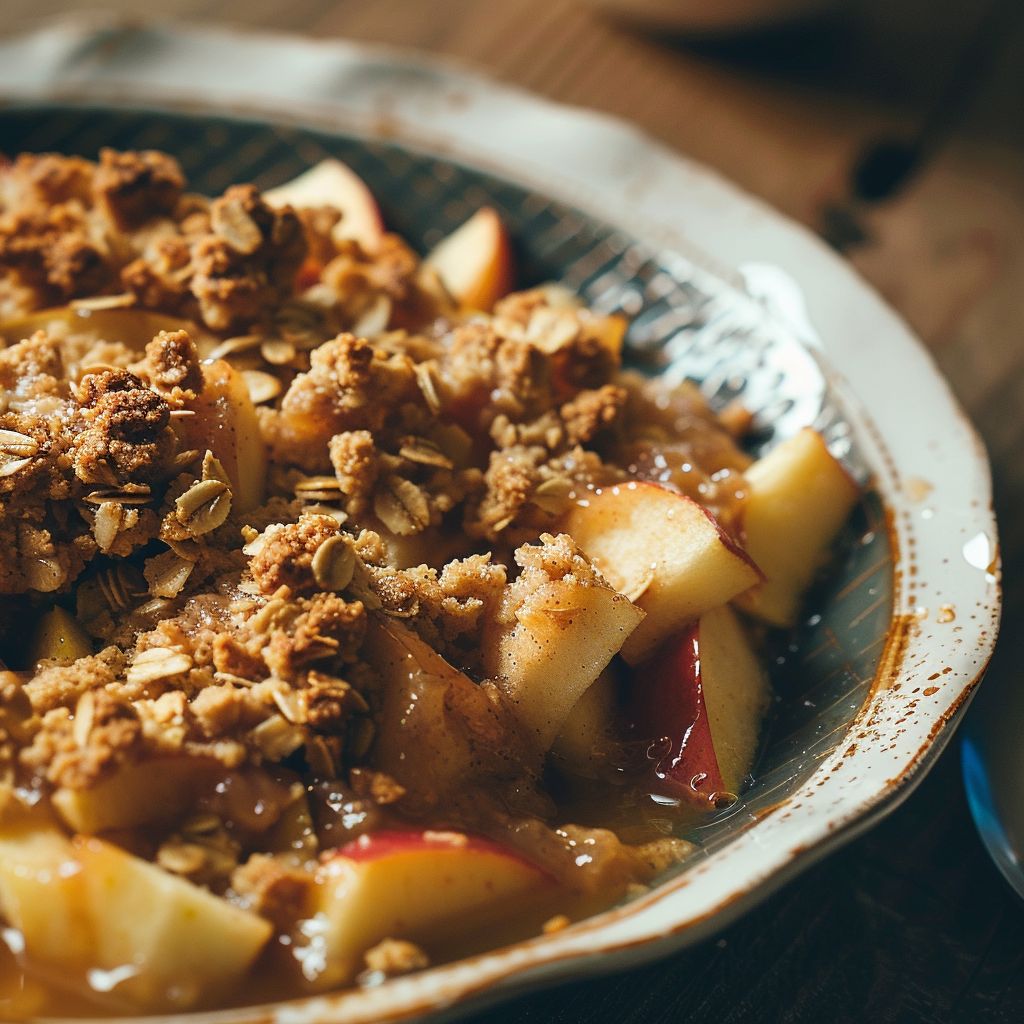 A close-up of a warm apple crisp topped with a golden brown oat crumble, served in a rustic dish.