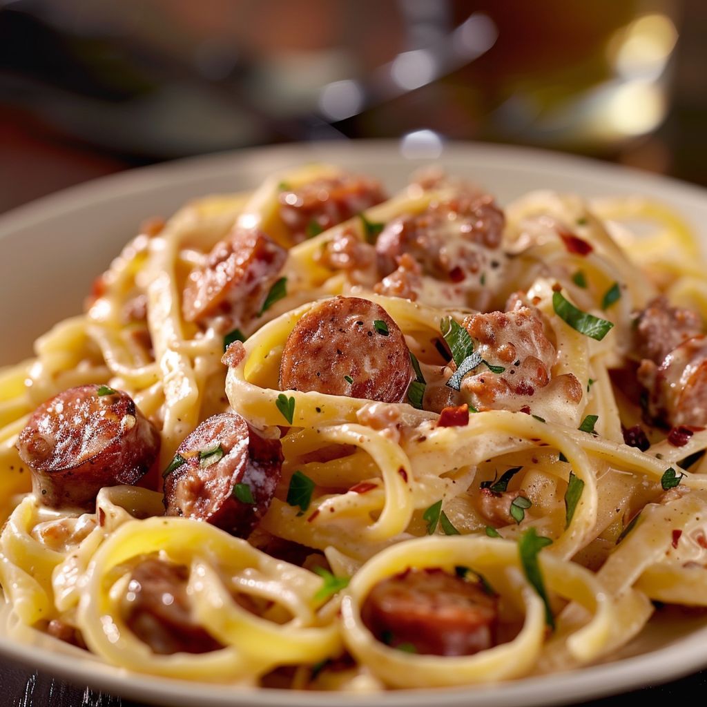 A close-up view of creamy Cajun sausage pasta in a bowl with herbs on top.