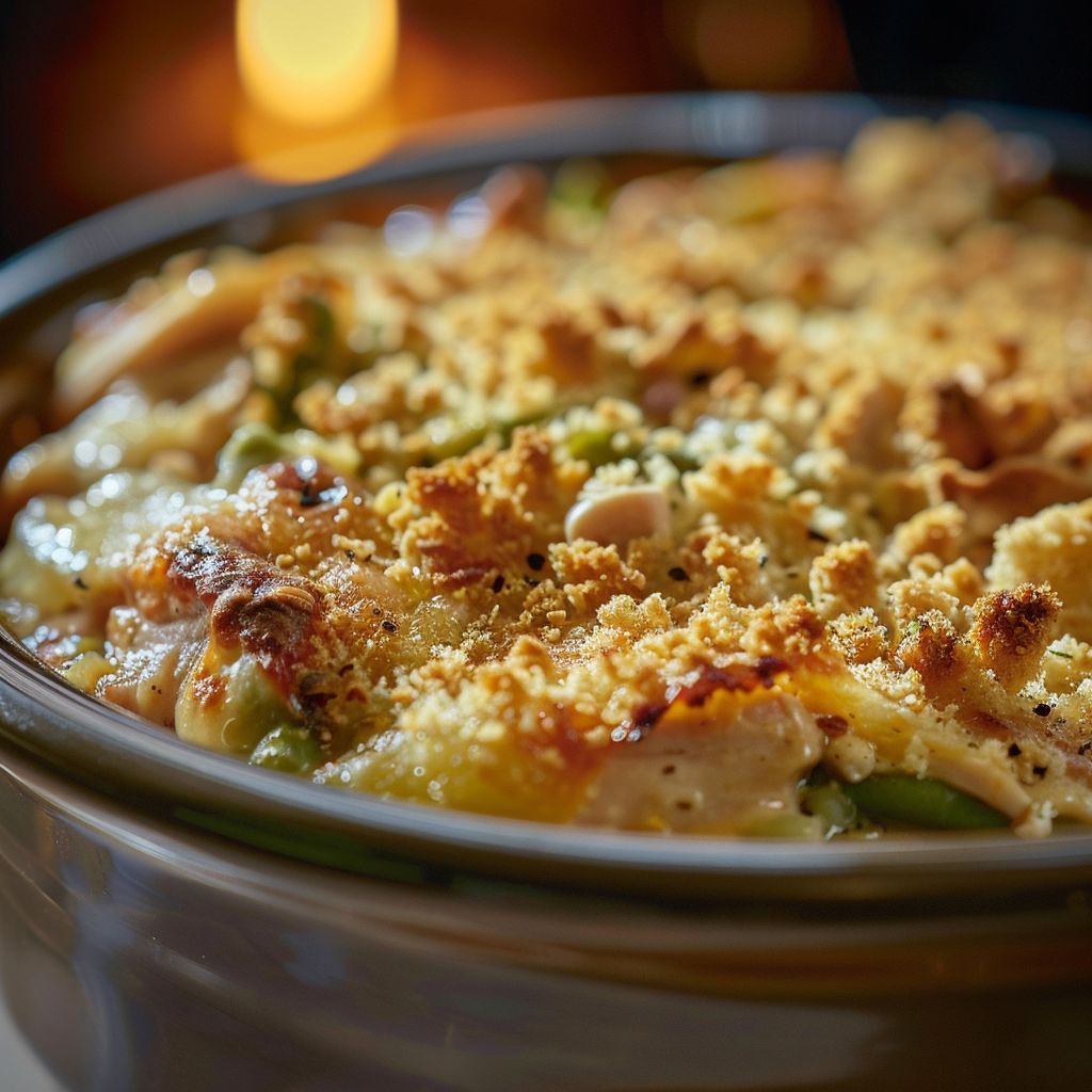 A close-up of a homemade chicken and green bean casserole, showing a golden-brown topping and green beans peeking through.