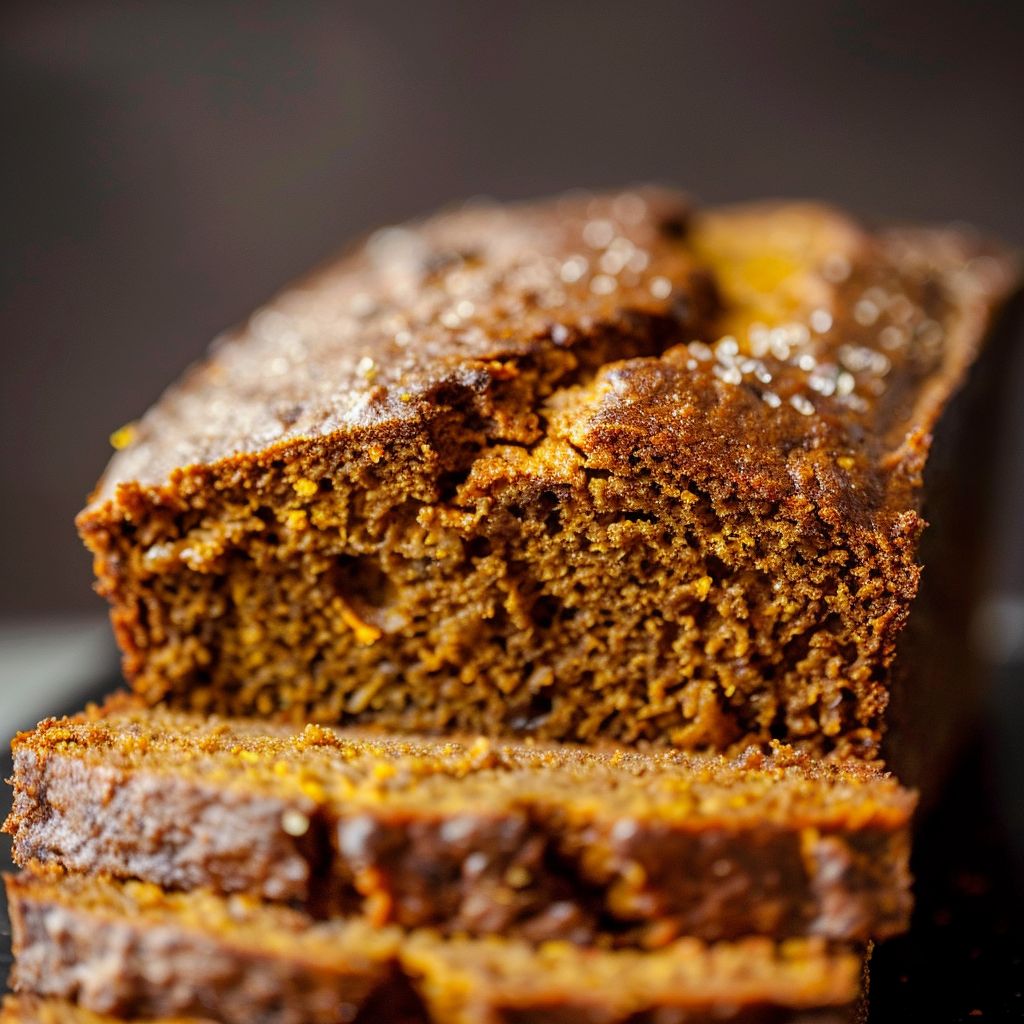 A close-up of a slice of moist pumpkin bread on a wooden board, showcasing its soft texture.