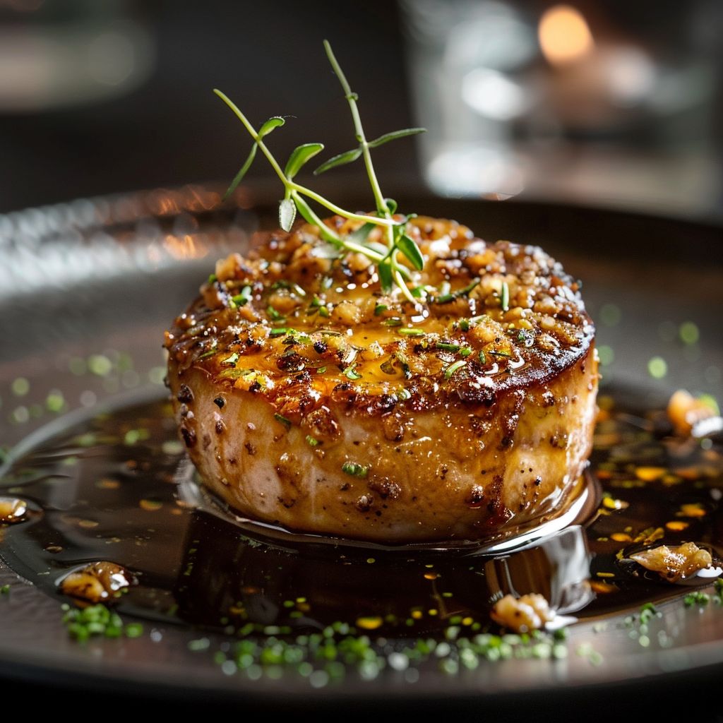 A close-up of a beautifully arranged plate of gourmet food, showcasing vibrant colors and textures.