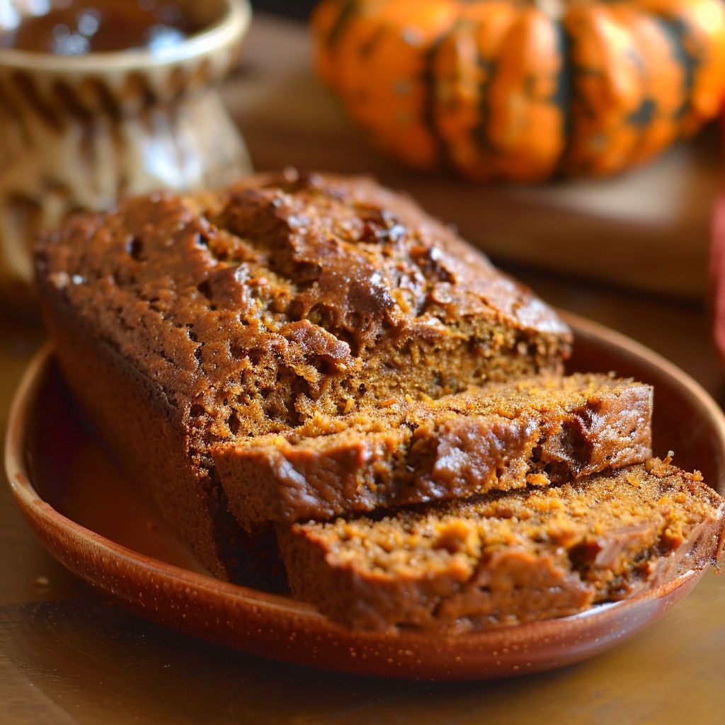 A freshly baked Maple Pumpkin Bread topped with a golden streusel, displayed on a rustic wooden table.