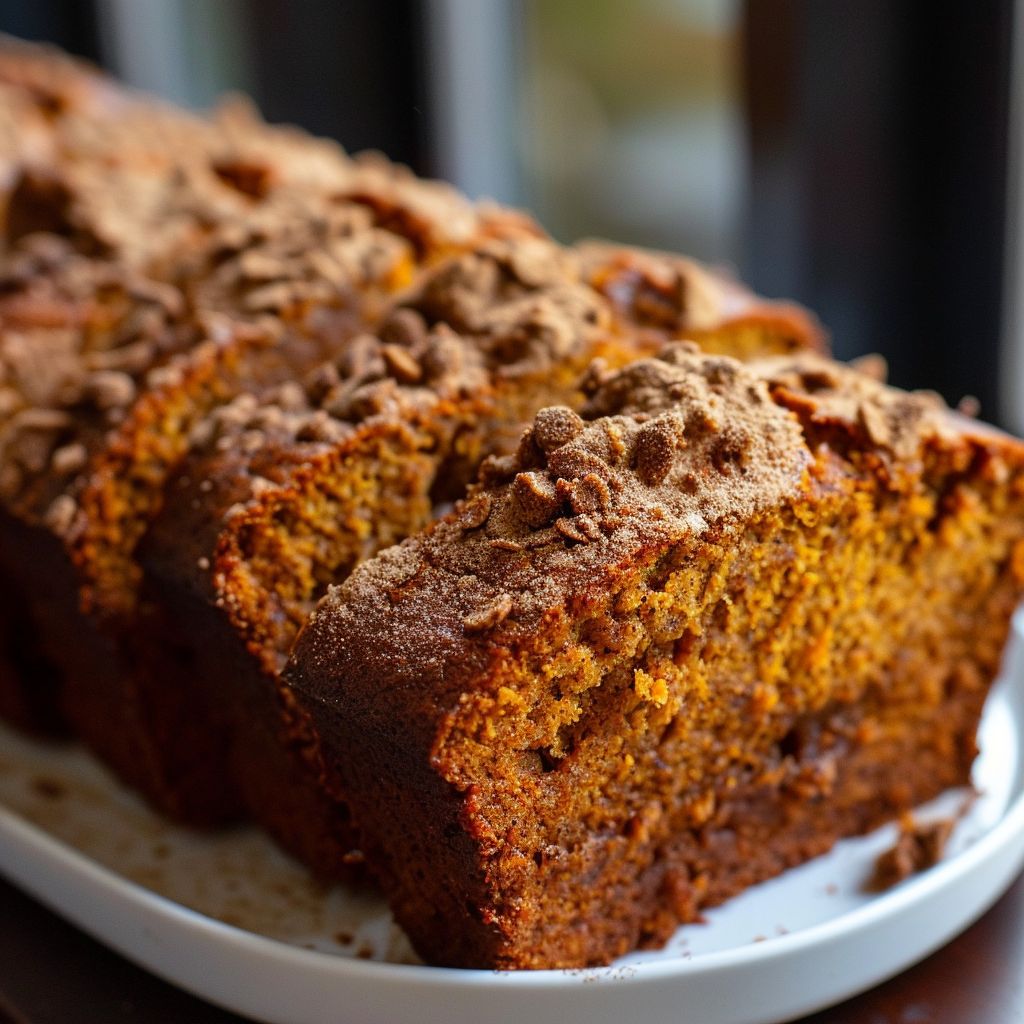 A loaf of cinnamon pumpkin bread with a golden crust and a soft, moist interior.