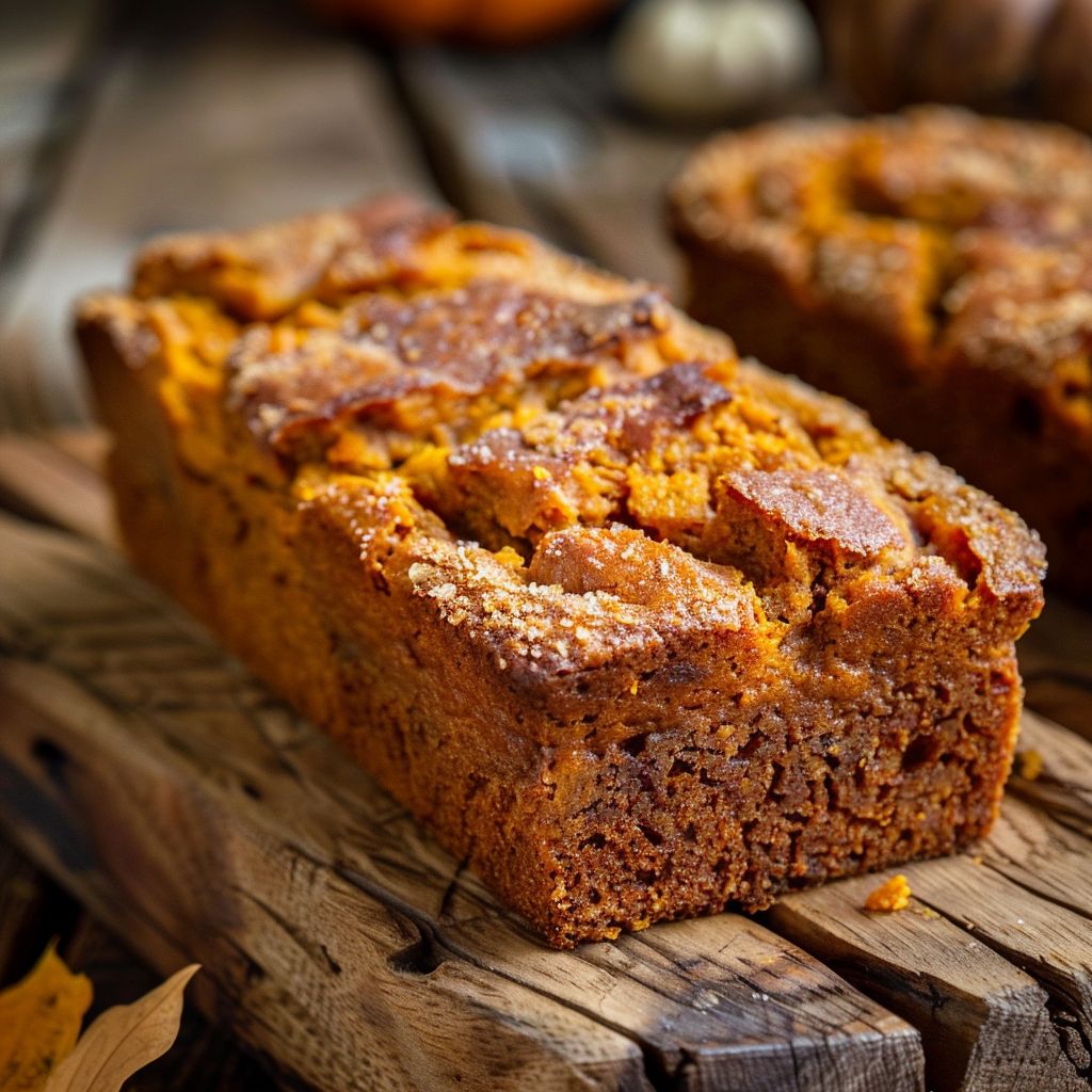 A close-up view of moist pumpkin bread with a golden crust and spices sprinkled on top, set against a light background.