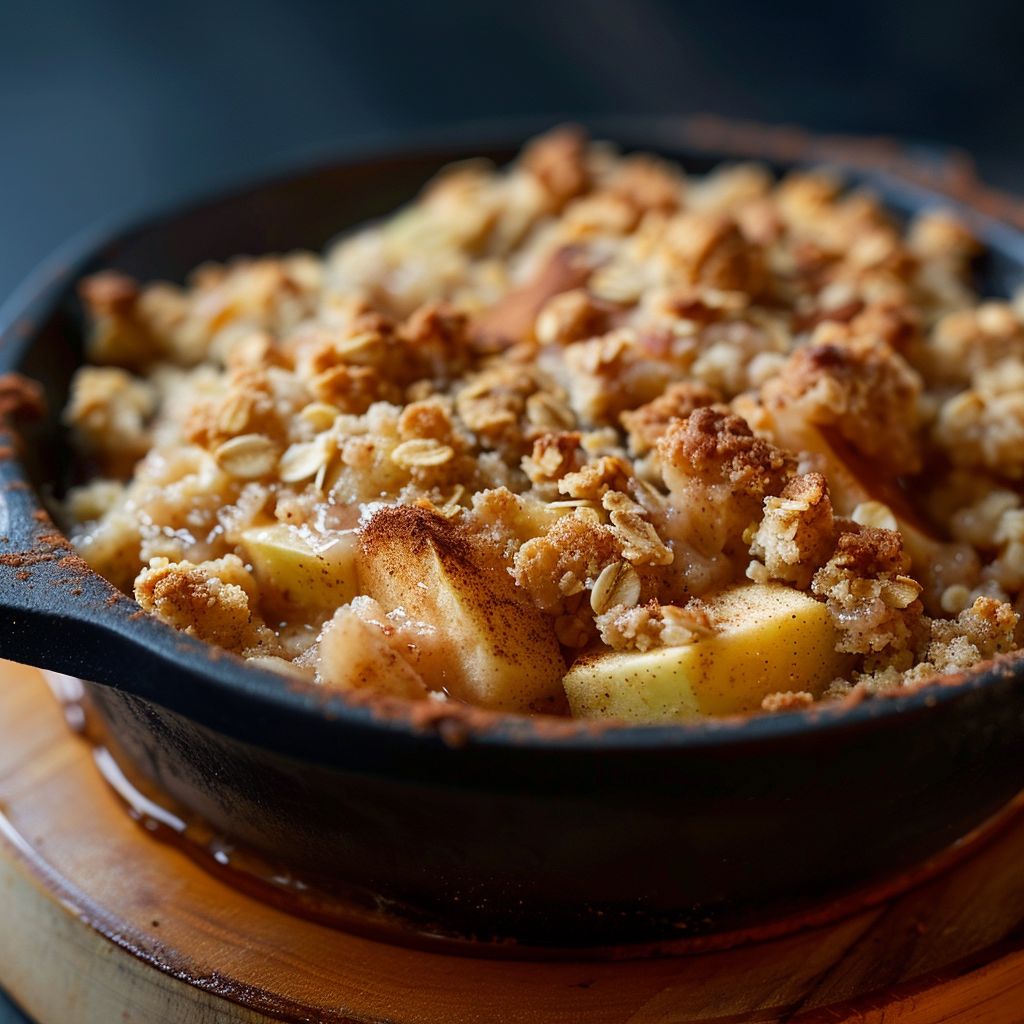 A close-up of a warm cinnamon baked apple crisp topped with a golden brown crumble.