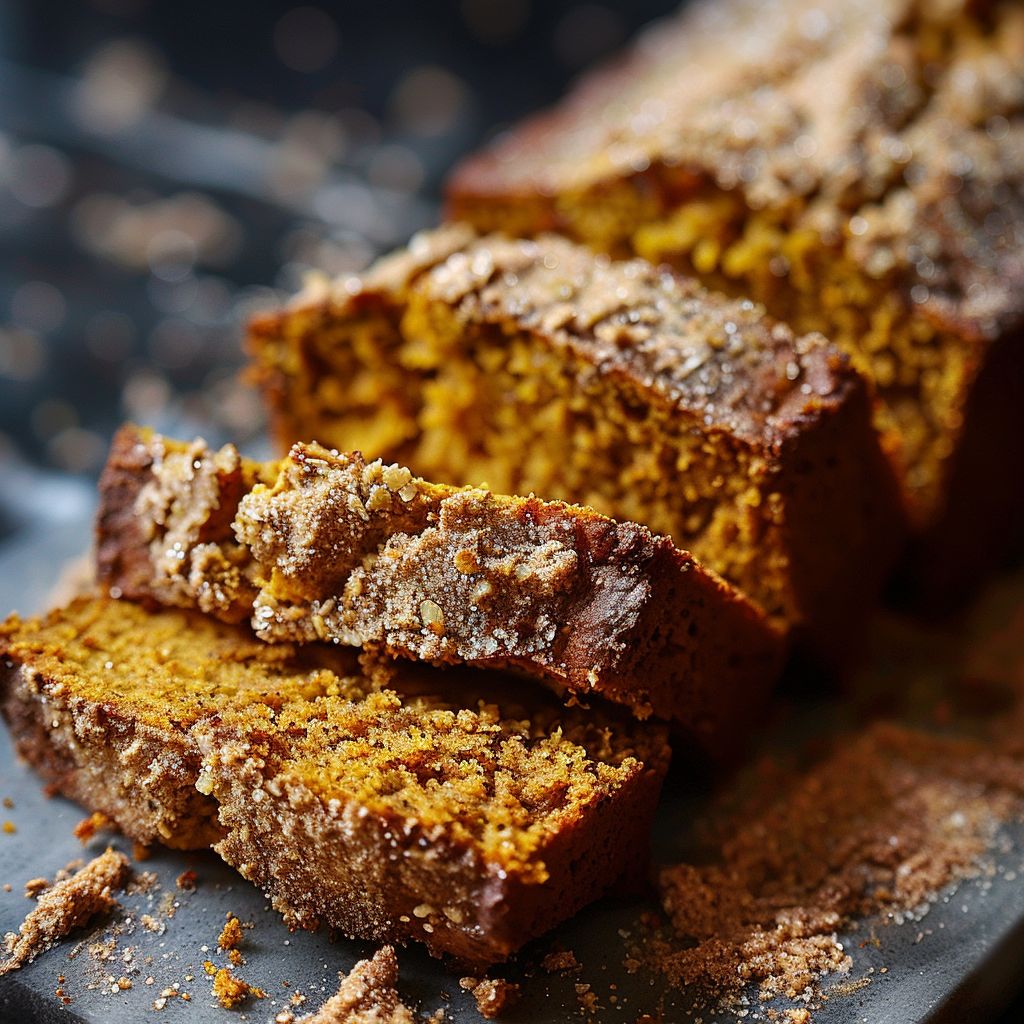 A slice of spiced moist pumpkin bread on a wooden board, showcasing its texture and color.
