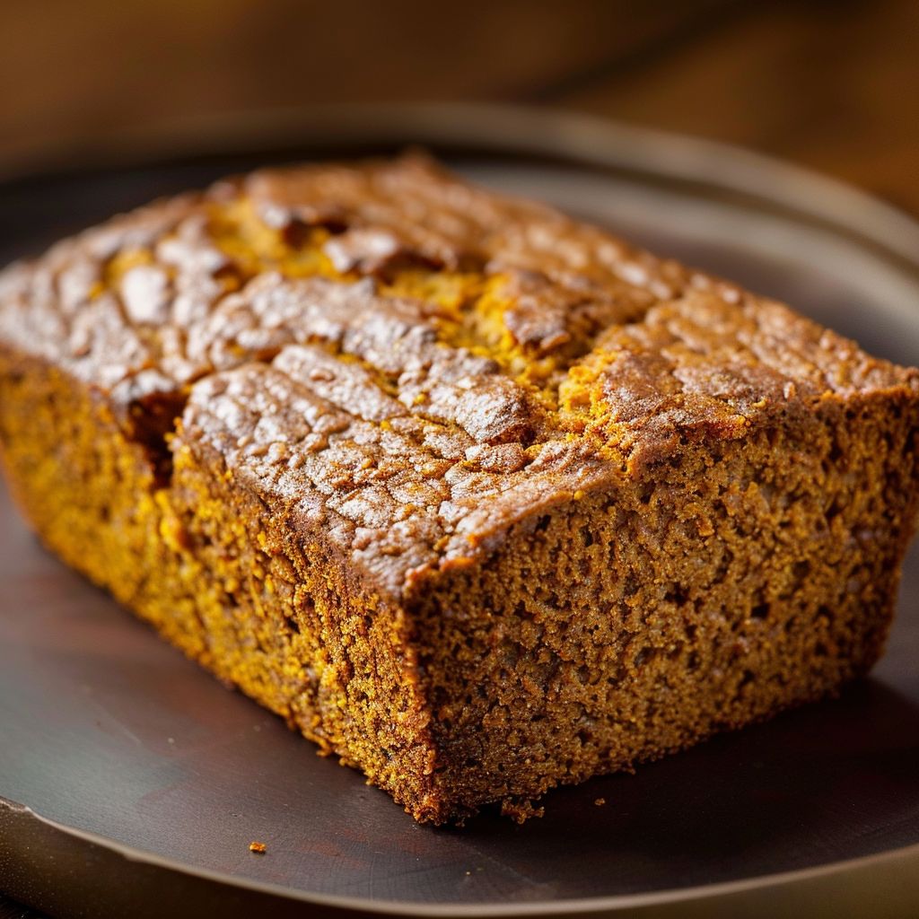 A slice of moist pumpkin bread topped with a crumbly streusel and drizzled with maple glaze, on a rustic wooden table.