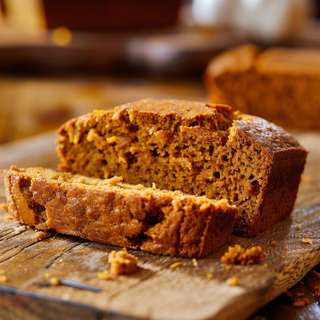 A slice of moist pumpkin bread on a rustic wooden table, surrounded by autumn leaves.