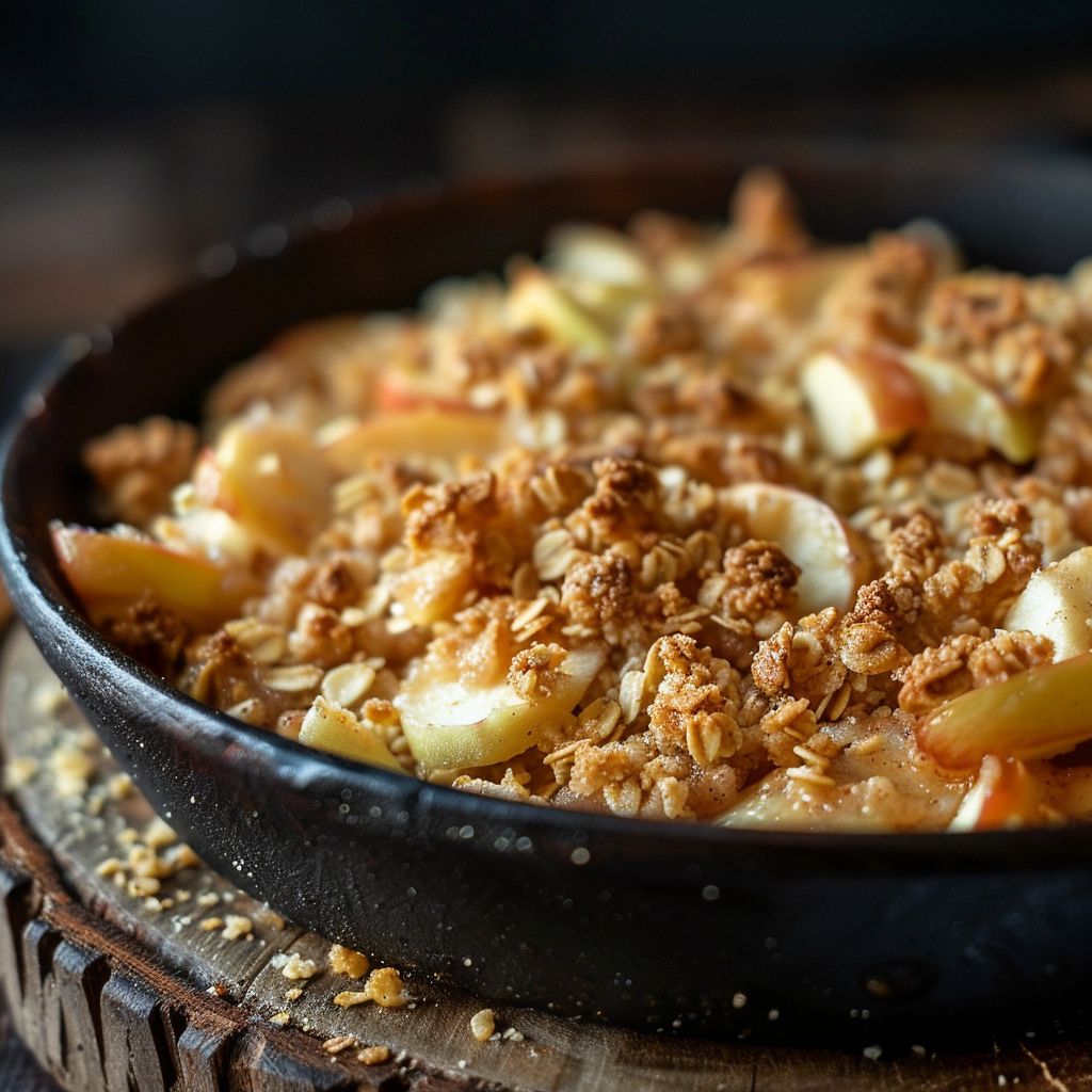 A warm, golden-brown apple crisp served in a rustic dish, topped with a crumbly oat topping.