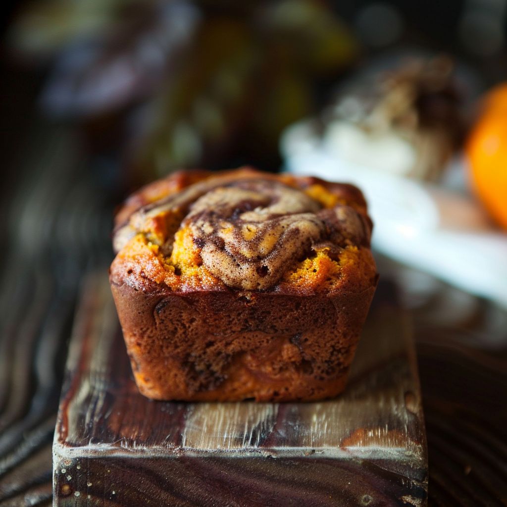 A freshly baked mini pumpkin bread with a visible cinnamon swirl on a wooden cutting board.