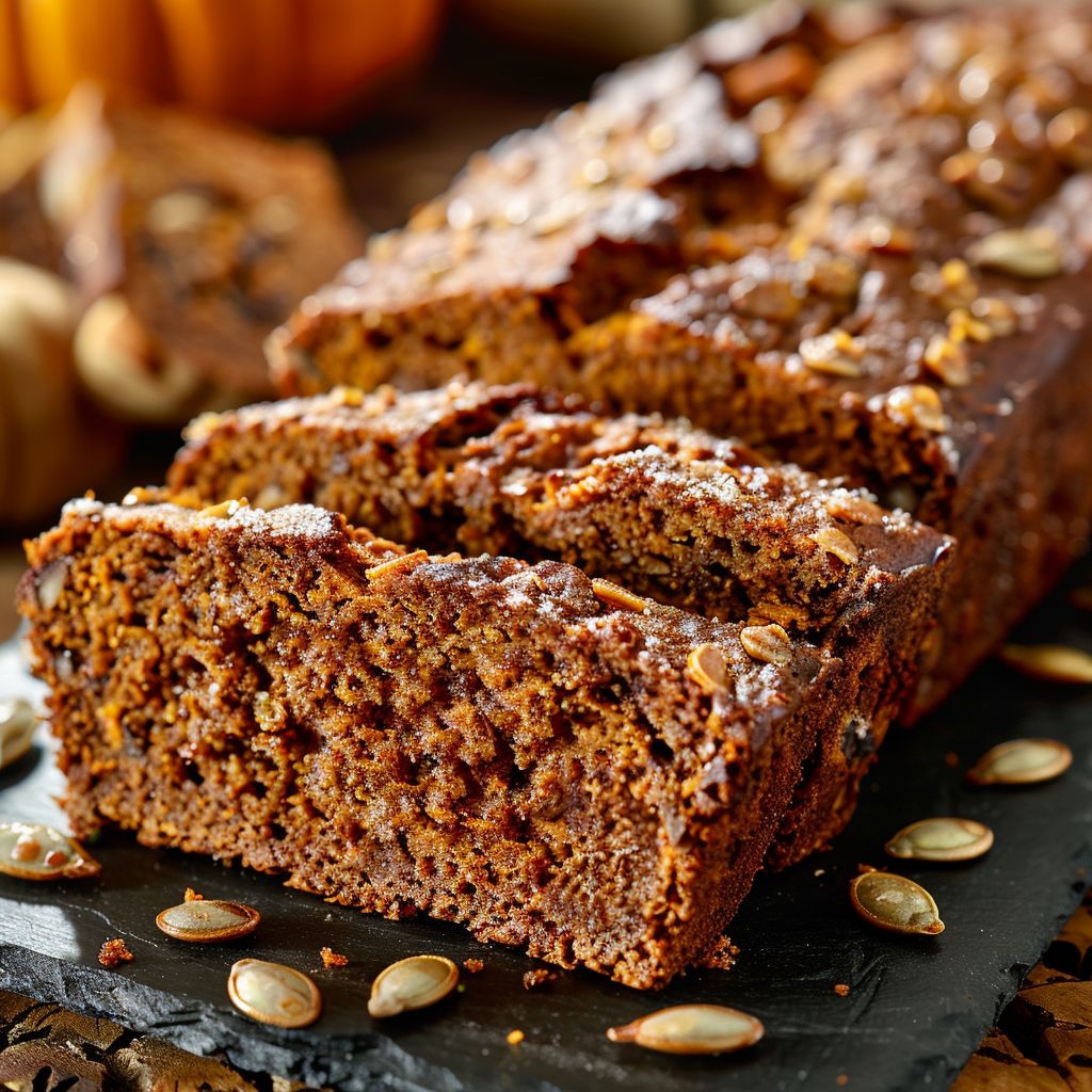A freshly baked loaf of pumpkin bread, golden brown with a soft texture, placed on a wooden cutting board.