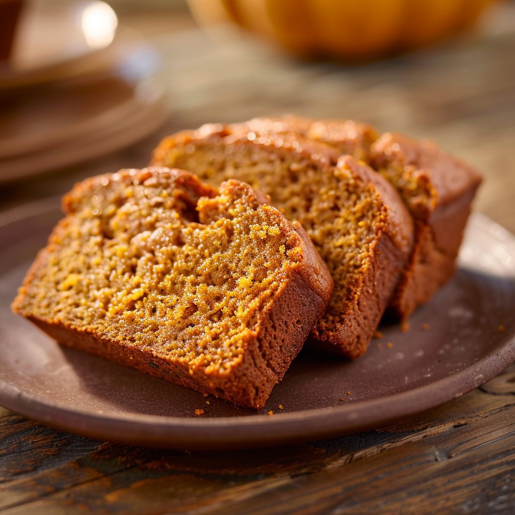 A freshly baked loaf of Libby's Pumpkin Bread on a rustic wooden table.