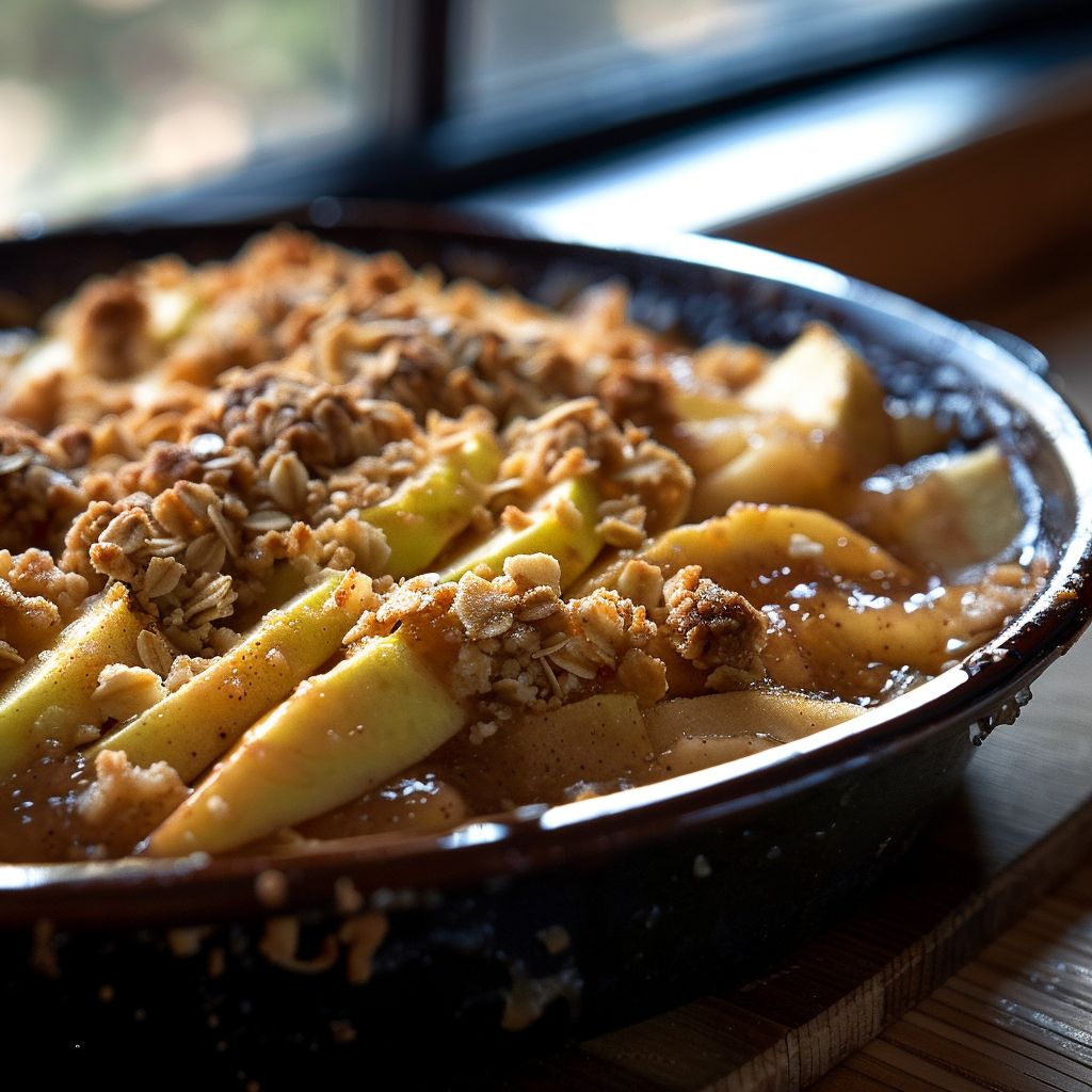 A close-up view of a baked apple crisp topped with a golden brown crumble, served in a rustic dish.