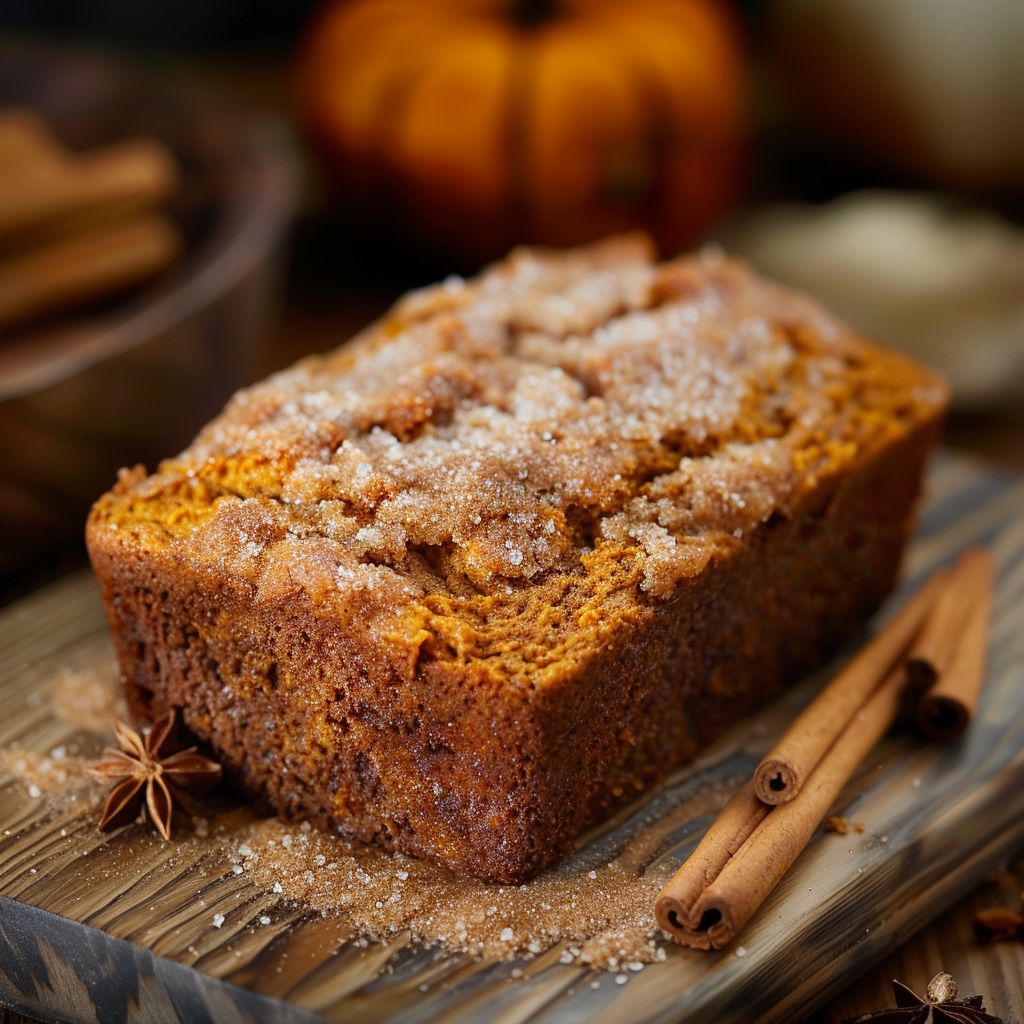 A freshly baked loaf of cinnamon sugar pumpkin bread on a wooden cutting board, with a slice cut and showing its moist texture.