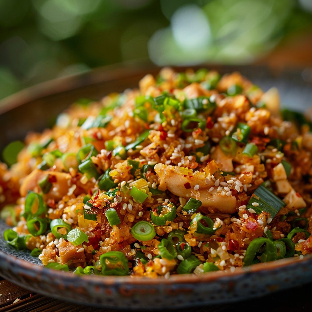 A close-up view of a beautifully plated dish with vibrant colors and textures, illuminated by soft natural light.