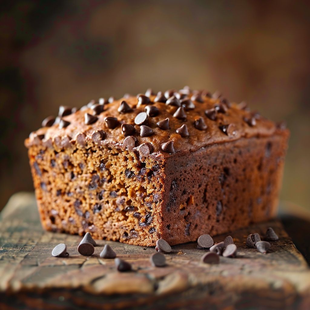 A close-up of a loaf of pumpkin chocolate chip bread, showing the rich texture and chocolate chips.