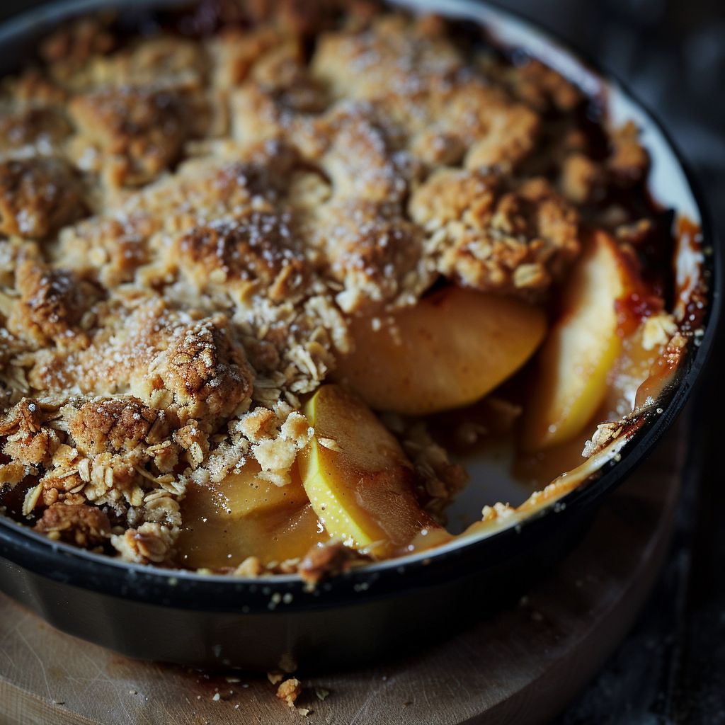 A perfectly baked apple crumble in a ceramic dish, topped with golden-brown crust and a scoop of vanilla ice cream beside it.