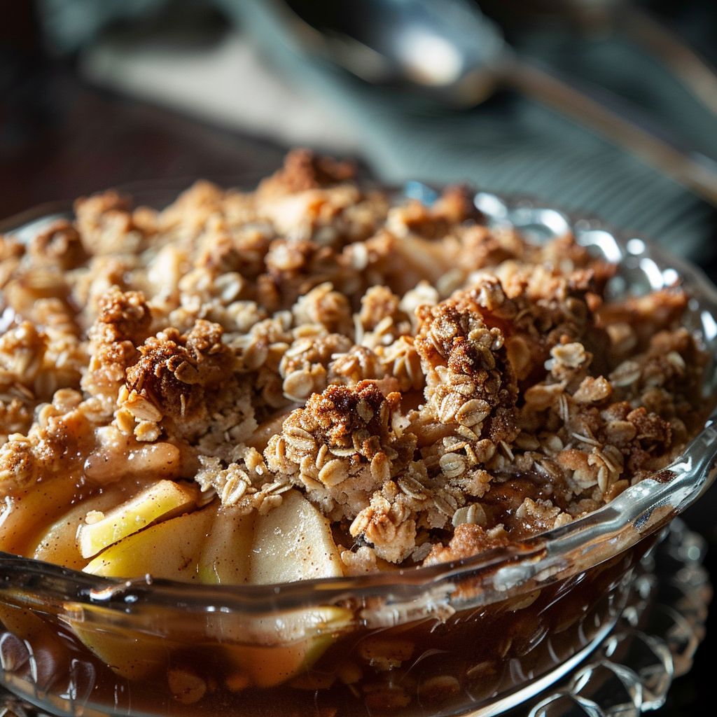 A warm, golden-brown apple crisp topped with a crumbly streusel, served in a rustic dish.