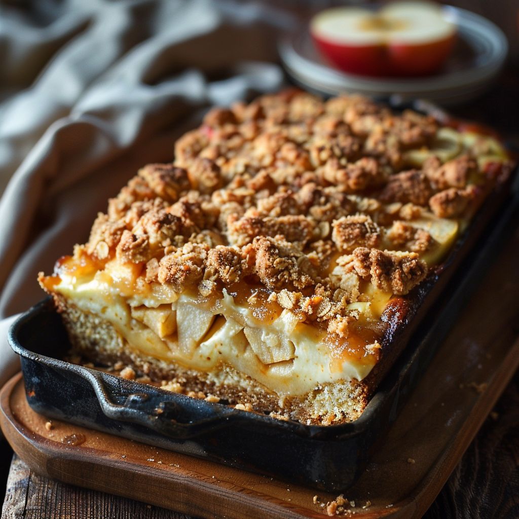Sliced Apple Crisp Cheesecake Bread on a wooden board, showcasing layers of cheesecake filling and apple topping.