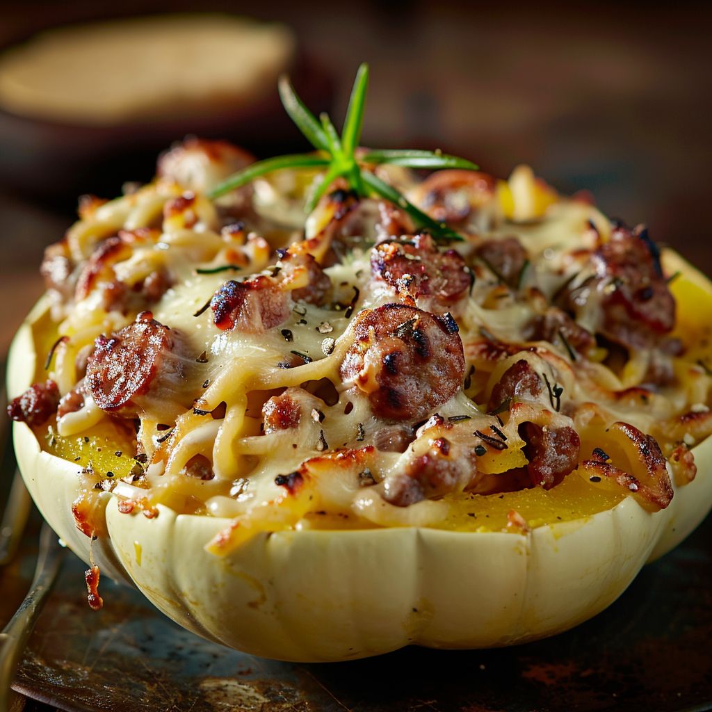 A close-up view of a warm bowl of Autumn Sausage Pasta made with squash, topped with herbs.