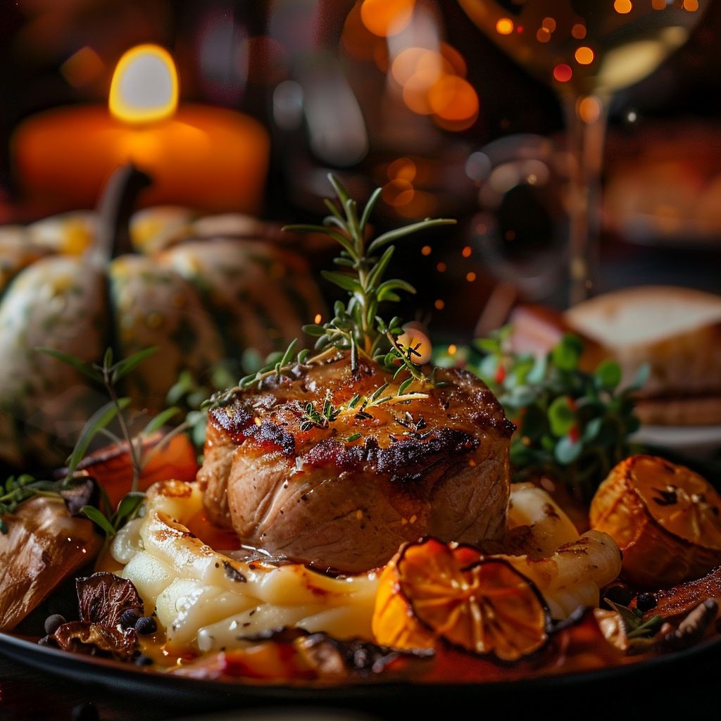 A beautifully arranged table featuring several fall dinner dishes, surrounded by autumn decor.