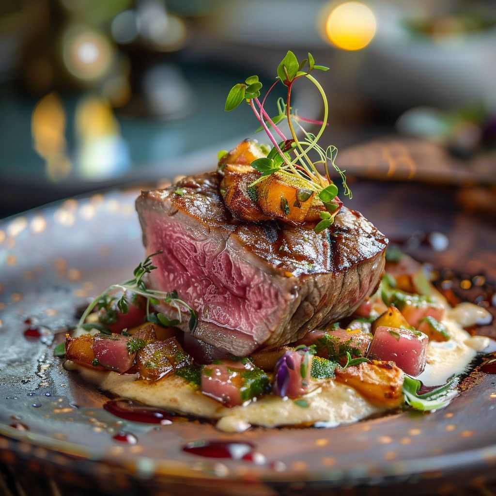 Close-up of a beautifully arranged plate of food with a focus on vibrant colors and textures.