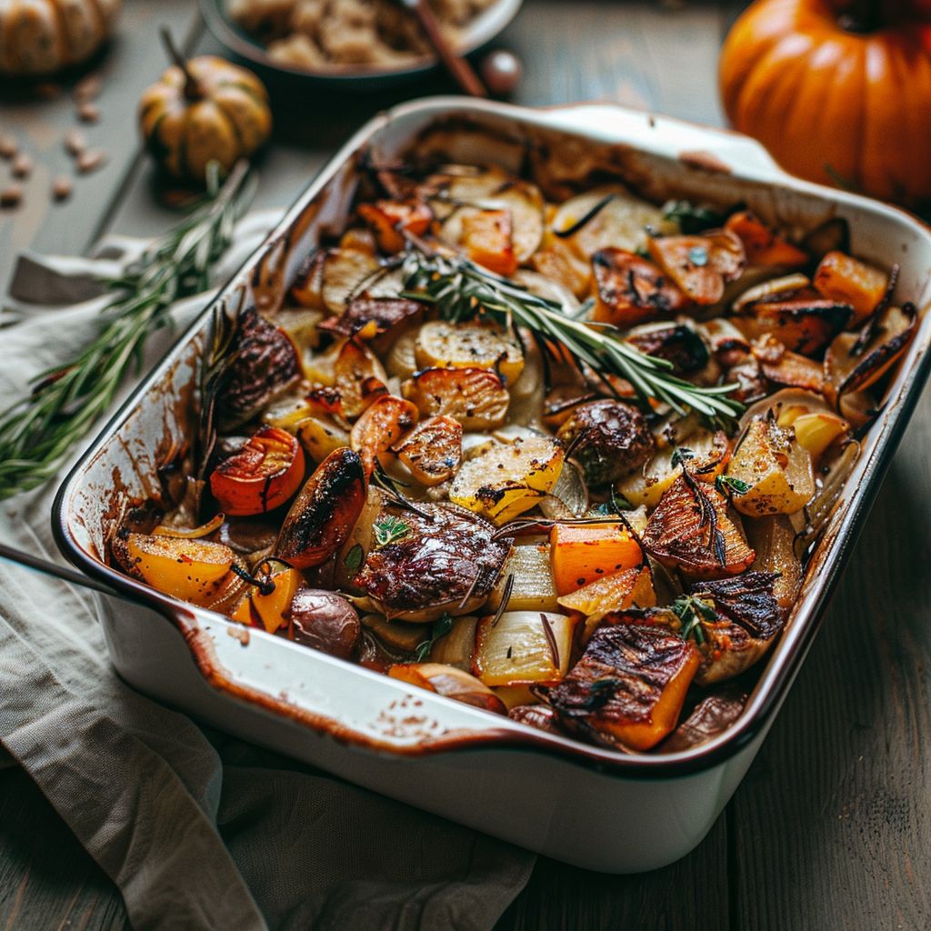 A beautifully arranged table featuring various cozy fall dinner dishes with warm colors.