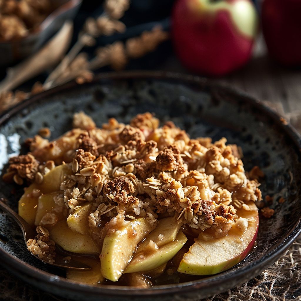 A close-up of a warm apple crisp topped with a golden brown oat crumble, served in a rustic dish.