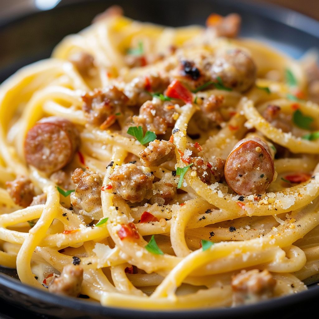 A close-up view of creamy Cajun sausage pasta in a bowl with herbs on top.