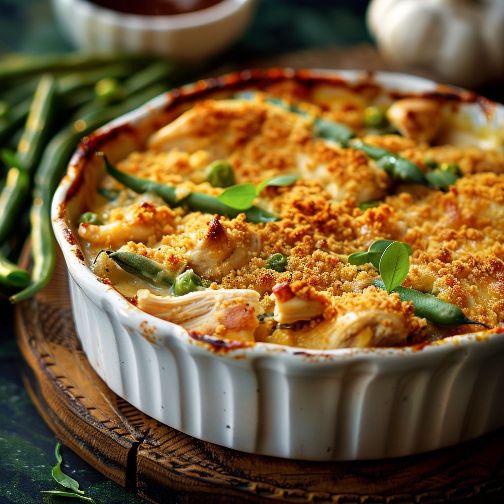A close-up of a homemade chicken and green bean casserole, showing a golden-brown topping and green beans peeking through.