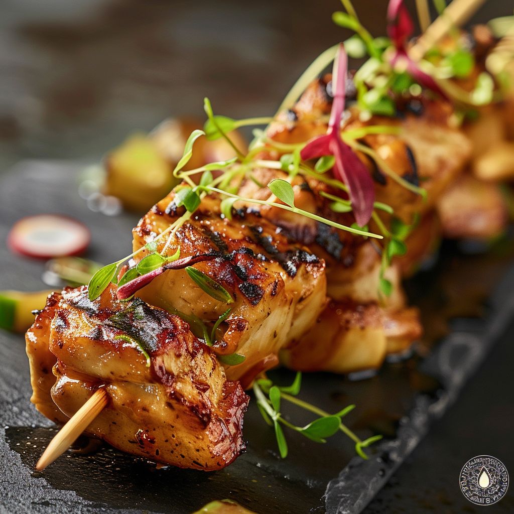 A close-up of a beautifully arranged plate of gourmet food, showcasing vibrant colors and textures.