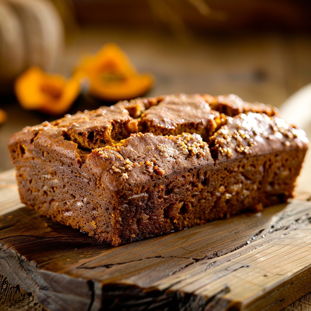 A freshly baked Maple Pumpkin Bread topped with a golden streusel, displayed on a rustic wooden table.
