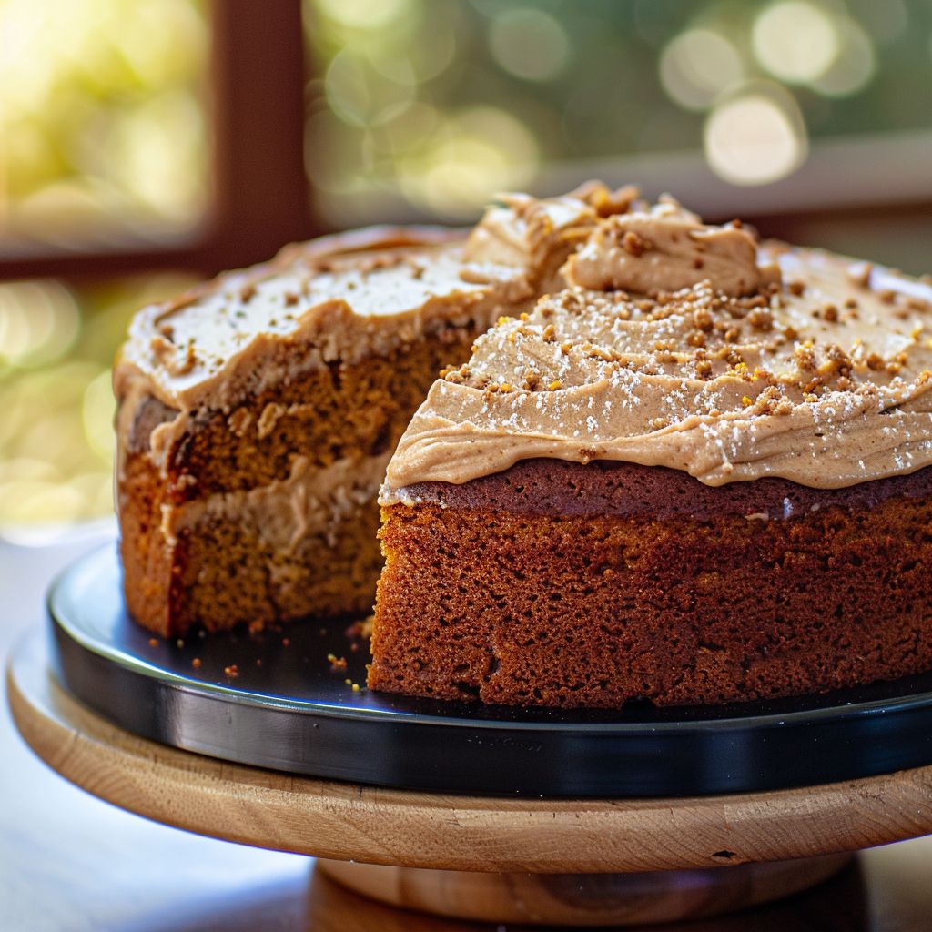 A beautifully frosted pumpkin cake with decorative swirls and a sprinkle of cinnamon on top.