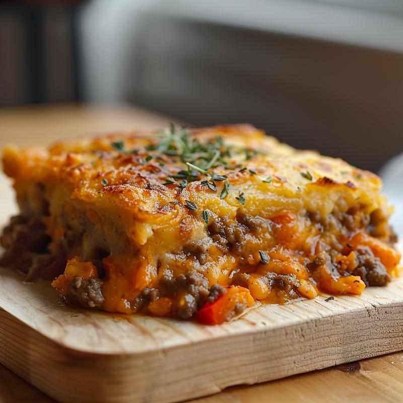 A close-up of a delicious gluten-free casserole served on a light grey ceramic plate.
