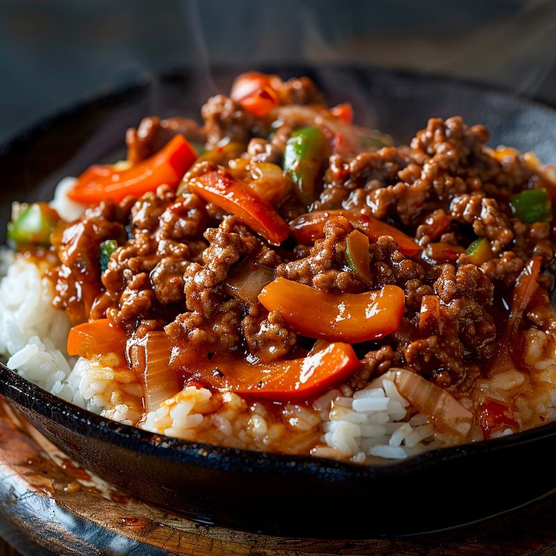 Close-up view of a spicy ground beef stir fry bowl with colorful garlic veggies over steamy rice.