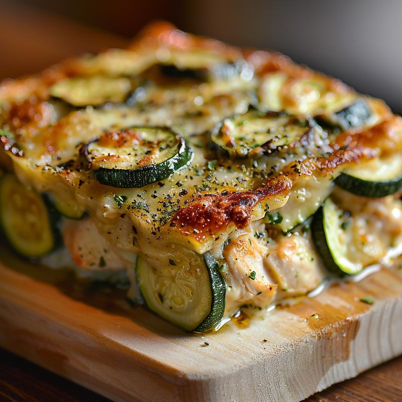 Close-up of a portion of ricotta eggplant casserole on a wooden board, showcasing creamy cheese and eggplant layers.