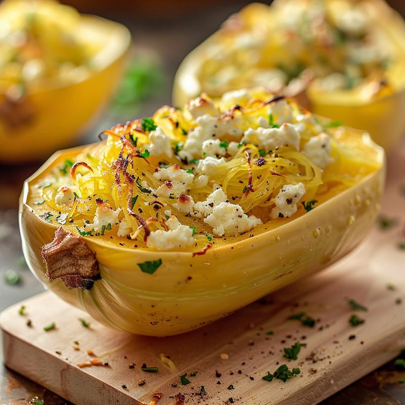 Close-up of a serving of spaghetti squash pasta on a marble surface.