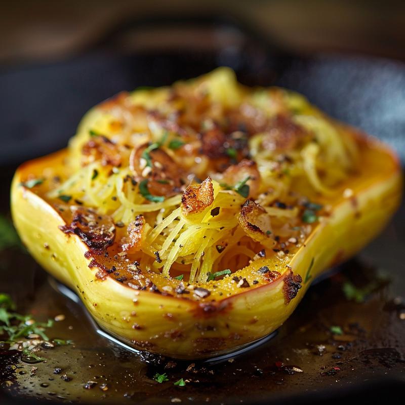 Close-up of a whole roast spaghetti squash on a cast iron surface, showcasing its texture and golden color under dramatic lighting.