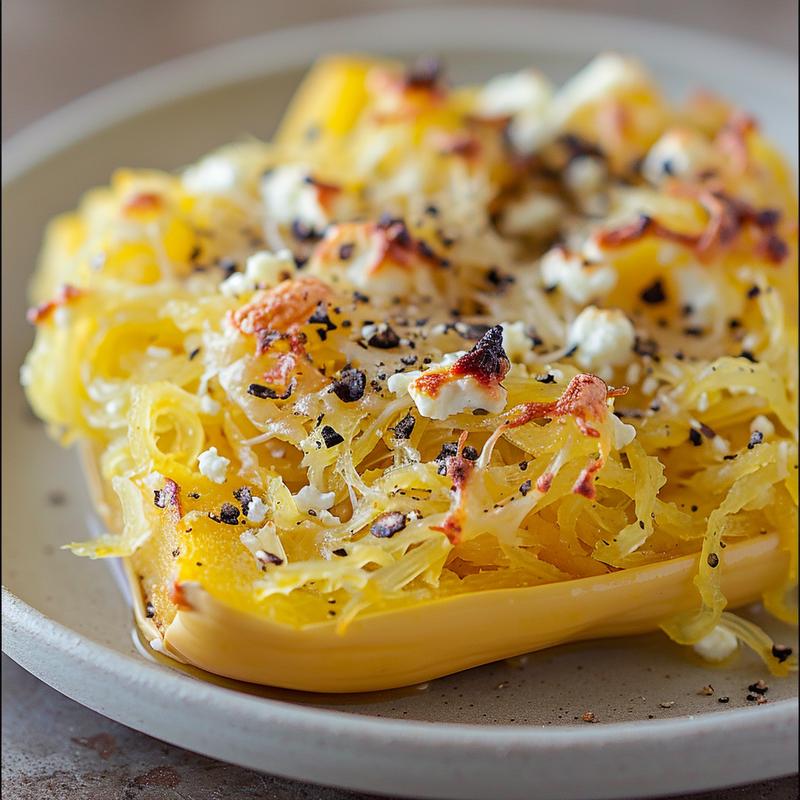 Close-up view of a vibrant spaghetti squash lasagna casserole on a white marble surface.