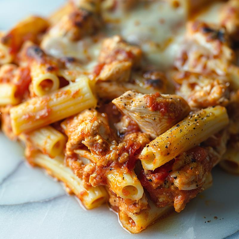 Close-up of a delicious portion of chicken baked ziti on a white marble surface.