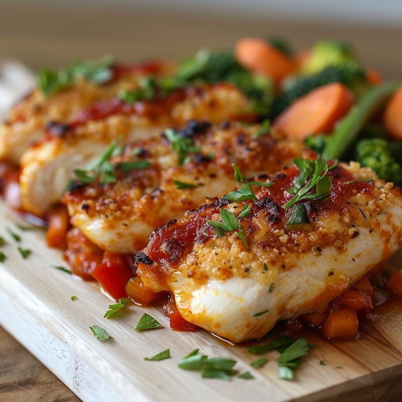 Close-up of healthy chicken parmesan with vegetables on a wooden board.