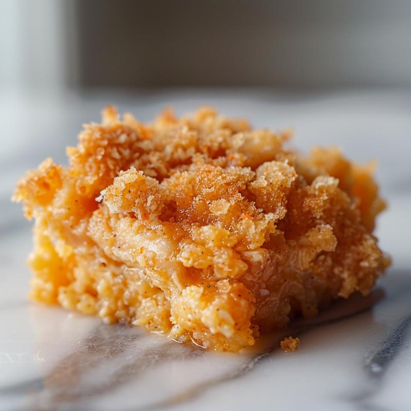Close-up of a creamy crack chicken casserole portion on a white marble surface.