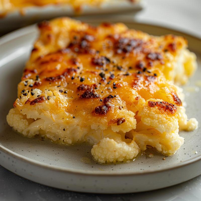 A close-up view of a cheesy cauliflower keto casserole on a grey ceramic plate, showcasing melted cheese and rich textures.