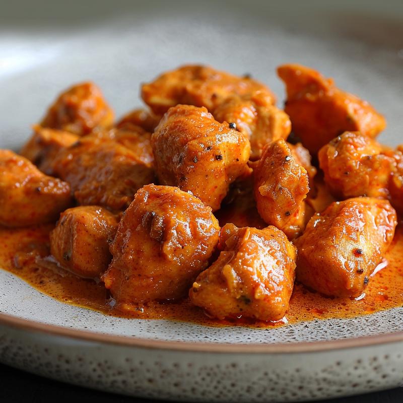 Close-up of a creamy butter chicken dish on a light grey plate, showcasing the texture and color of the sauce.