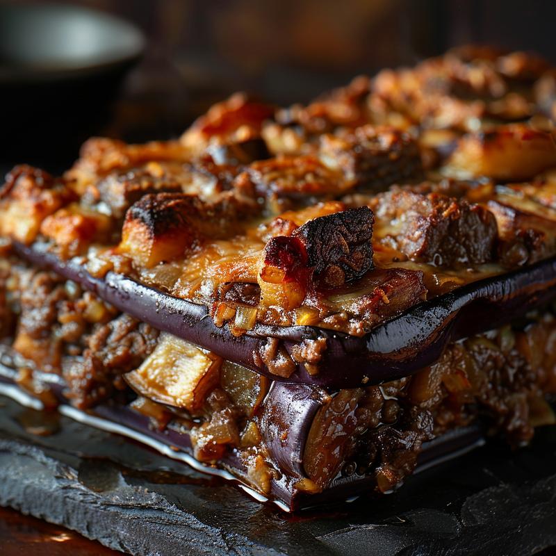 Close-up of a baked eggplant and beef casserole on a dark stone countertop.