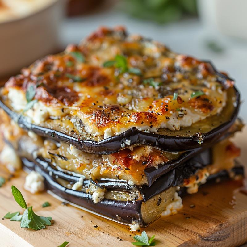 A close-up shot of a vegetarian ricotta and eggplant casserole on a wooden board.
